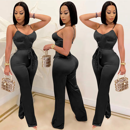 Spaghetti Strap Sleeve Straight Jumpsuits