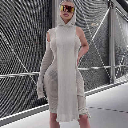 Ribbed Hooded One Sleeve Knit Asymmetric Midi Dresses Baddie Clothes