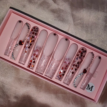 Wholesale Handmade Short Artificial Acrylic French Press Nails Luxury Coffin Style False Nail Tips Rhinestones for Fingers Salon