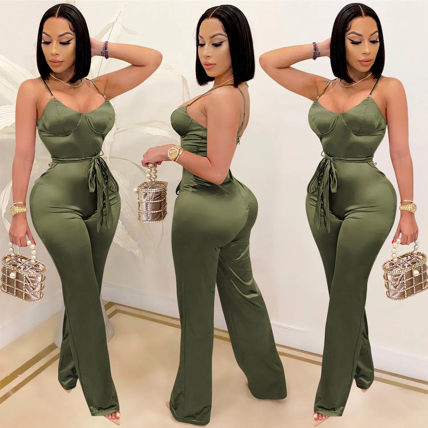 Spaghetti Strap Sleeve Straight Jumpsuits