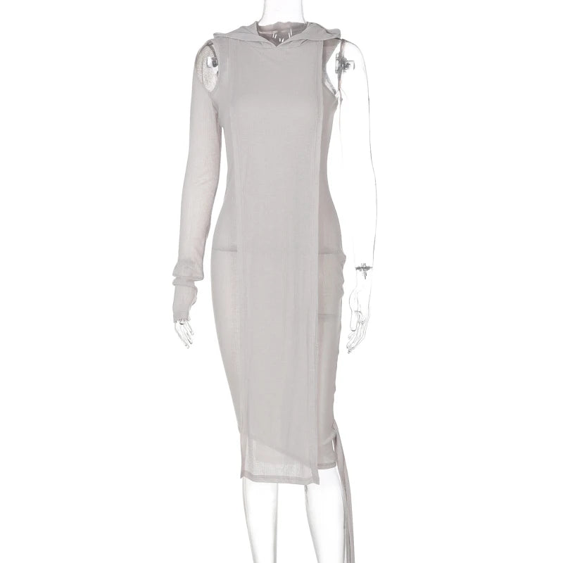 Ribbed Hooded One Sleeve Knit Asymmetric Midi Dresses Baddie Clothes