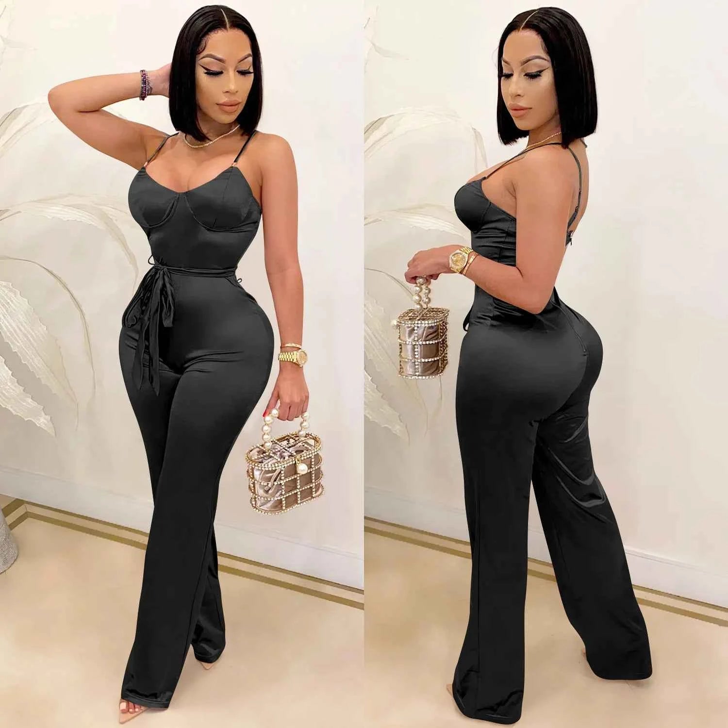 Spaghetti Strap Sleeve Straight Jumpsuits