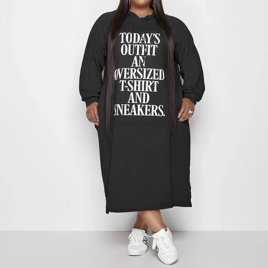 L-5xl Hoodies Letter Print Loose Dress Pockets Maxi Dresses