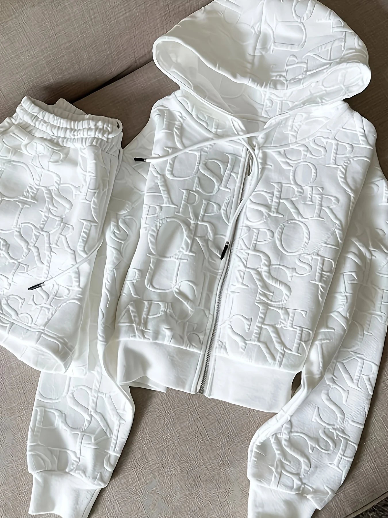 Letter Print Long Sleeve Hoodie with Zipper and Drawstring Short Sets