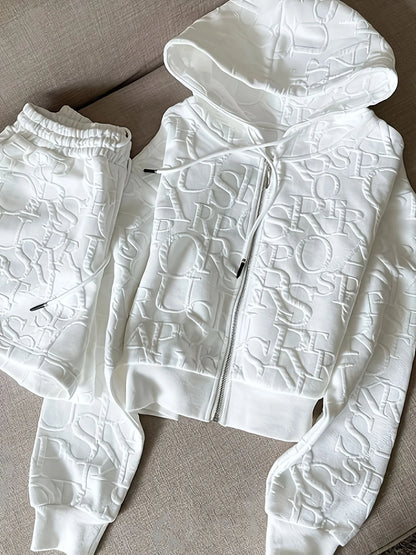 Letter Print Long Sleeve Hoodie with Zipper and Drawstring Short Sets