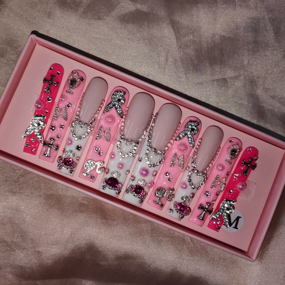 Wholesale Handmade Short Artificial Acrylic French Press Nails Luxury Coffin Style False Nail Tips Rhinestones for Fingers Salon