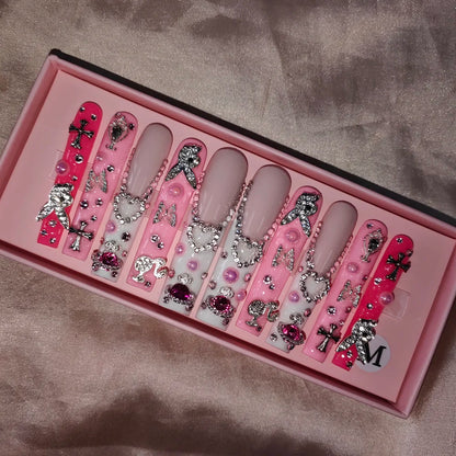 Wholesale Handmade Short Artificial Acrylic French Press Nails Luxury Coffin Style False Nail Tips Rhinestones for Fingers Salon