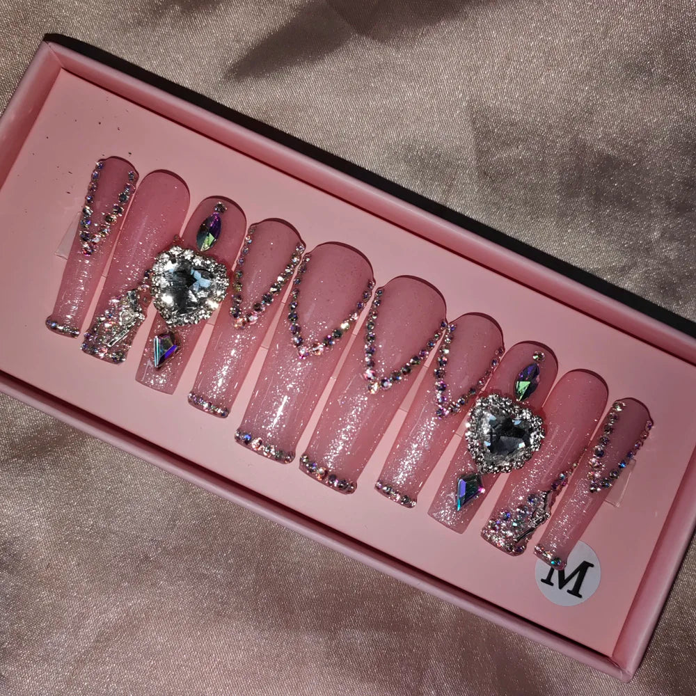 Wholesale Handmade Short Artificial Acrylic French Press Nails Luxury Coffin Style False Nail Tips Rhinestones for Fingers Salon