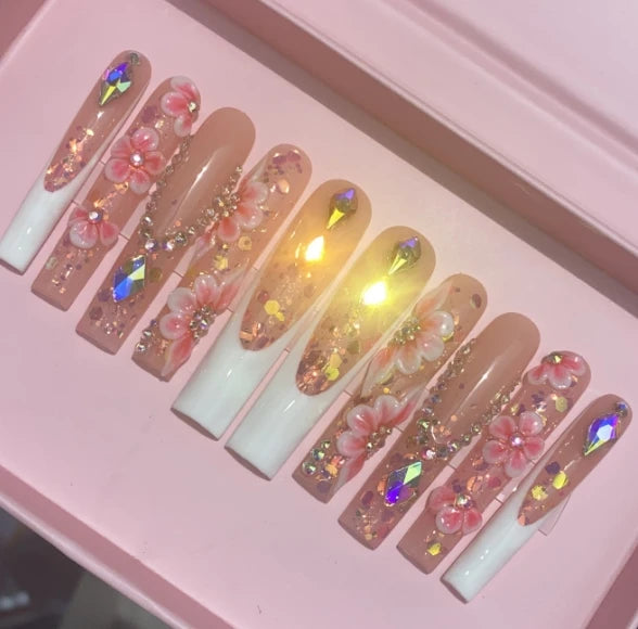 Exclusive Elegant French Design Private Label Short Matte Handmade Press Nails Fake Full Cover Rhinestone Acrylic Artificial