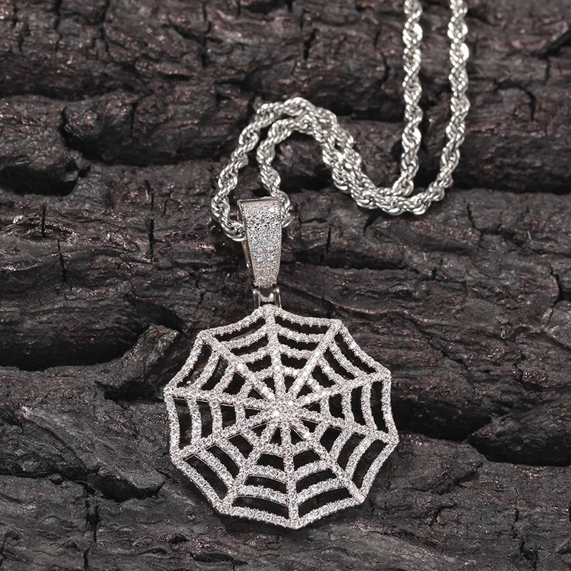 Claw Setting AAA+ CZ Stone Paved Bling Iced Out Spider Web Pendants Necklaces