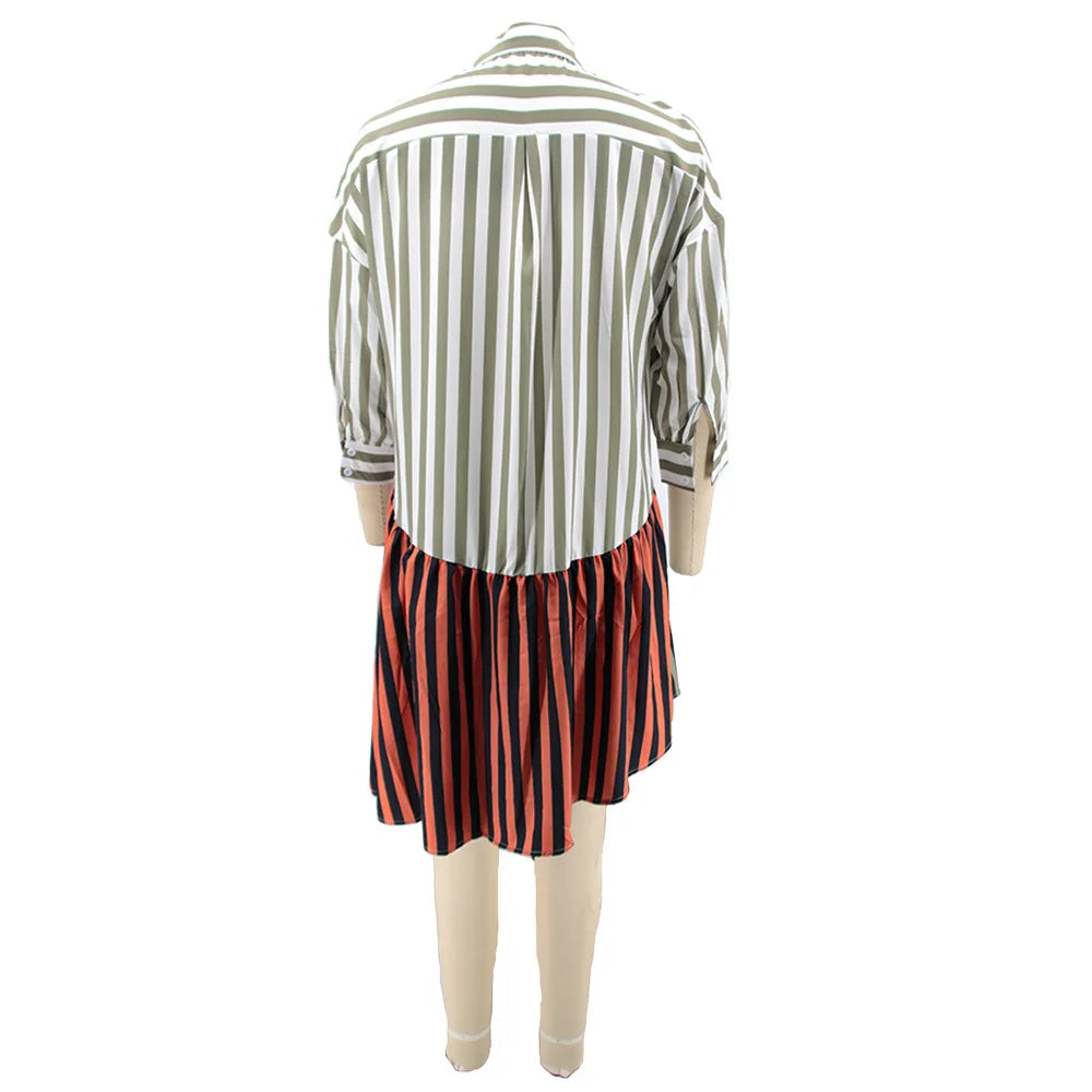 Streetwear Patchwork Striped Office Lady Shirts Midi Dresses