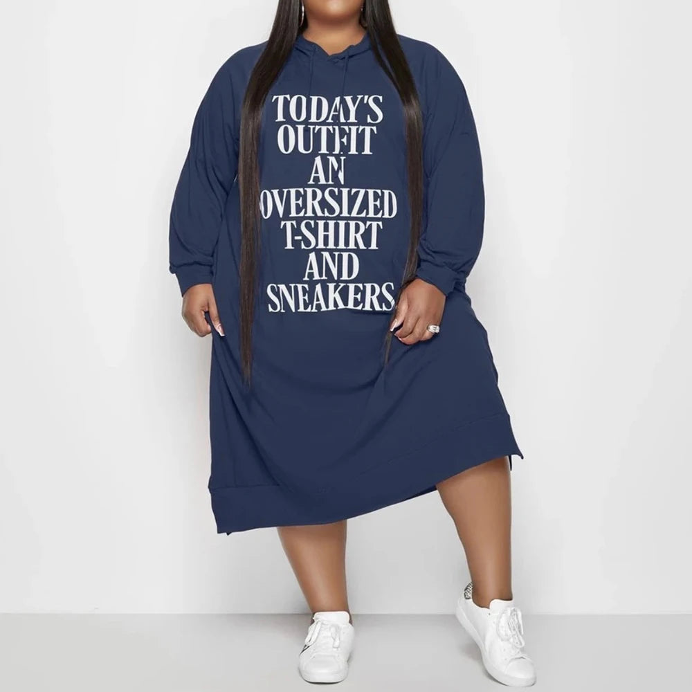 L-5xl Hoodies Letter Print Loose Dress Pockets Maxi Dresses