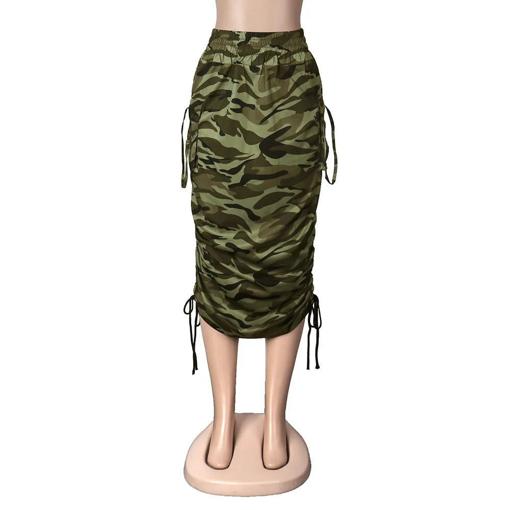 Conye Drawstring Ruched High Waist Midi Skirts (Camouflage/Newspaper)