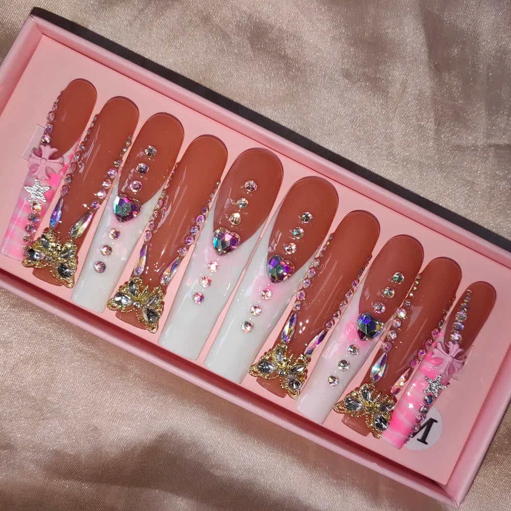 Wholesale Handmade Short Artificial Acrylic French Press Nails Luxury Coffin Style False Nail Tips Rhinestones for Fingers Salon