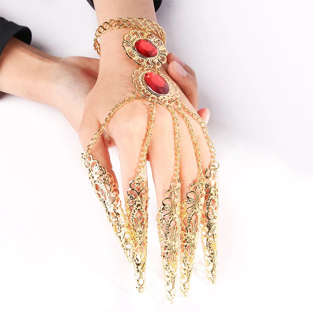 Indian Thai Golden Finger Bracelet /Shining Red Crystal Girl's Belly Dance Jewelry