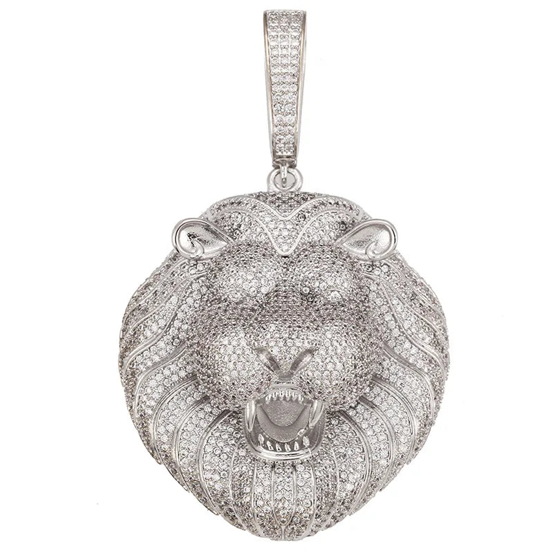 Prong Setting 3A+ CZ Stone Lion Pendants Necklace Jewelry (Gold Silver)