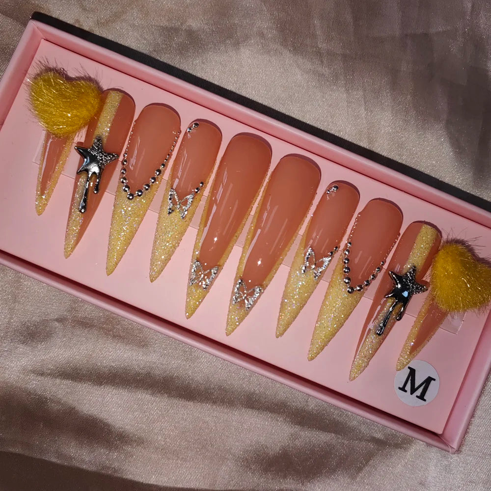 Wholesale Handmade Short Artificial Acrylic French Press Nails Luxury Coffin Style False Nail Tips Rhinestones for Fingers Salon