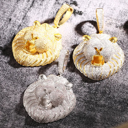 Prong Setting 3A+ CZ Stone Lion Pendants Necklace Jewelry (Gold Silver)