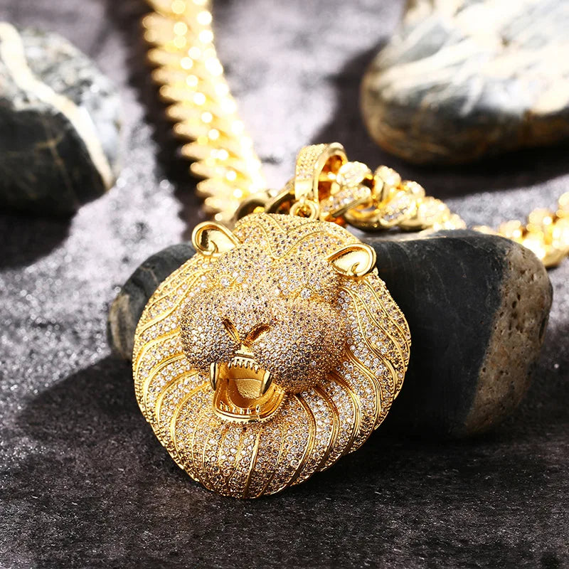 Prong Setting 3A+ CZ Stone Lion Pendants Necklace Jewelry (Gold Silver)