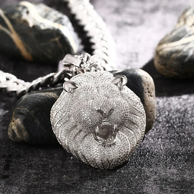 Prong Setting 3A+ CZ Stone Lion Pendants Necklace Jewelry (Gold Silver)