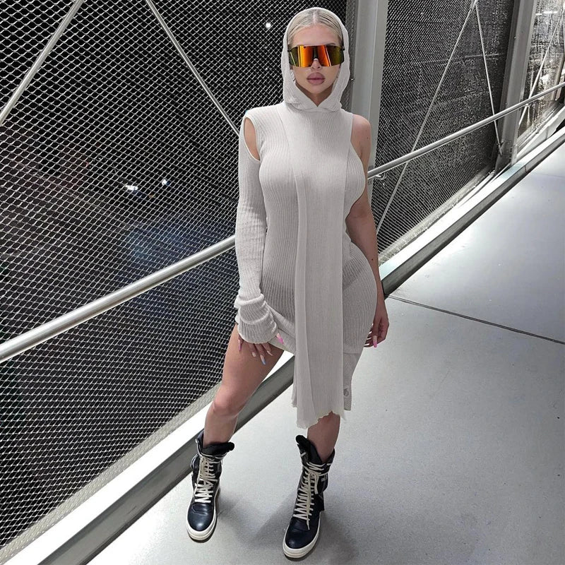 Ribbed Hooded One Sleeve Knit Asymmetric Midi Dresses Baddie Clothes