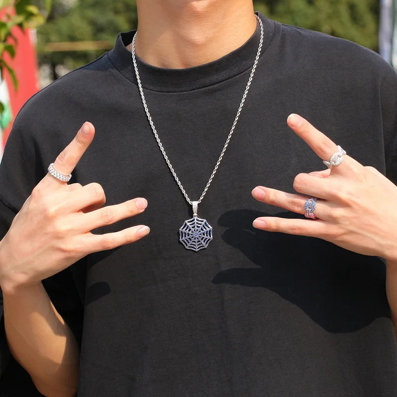 Claw Setting AAA+ CZ Stone Paved Bling Iced Out Spider Web Pendants Necklaces