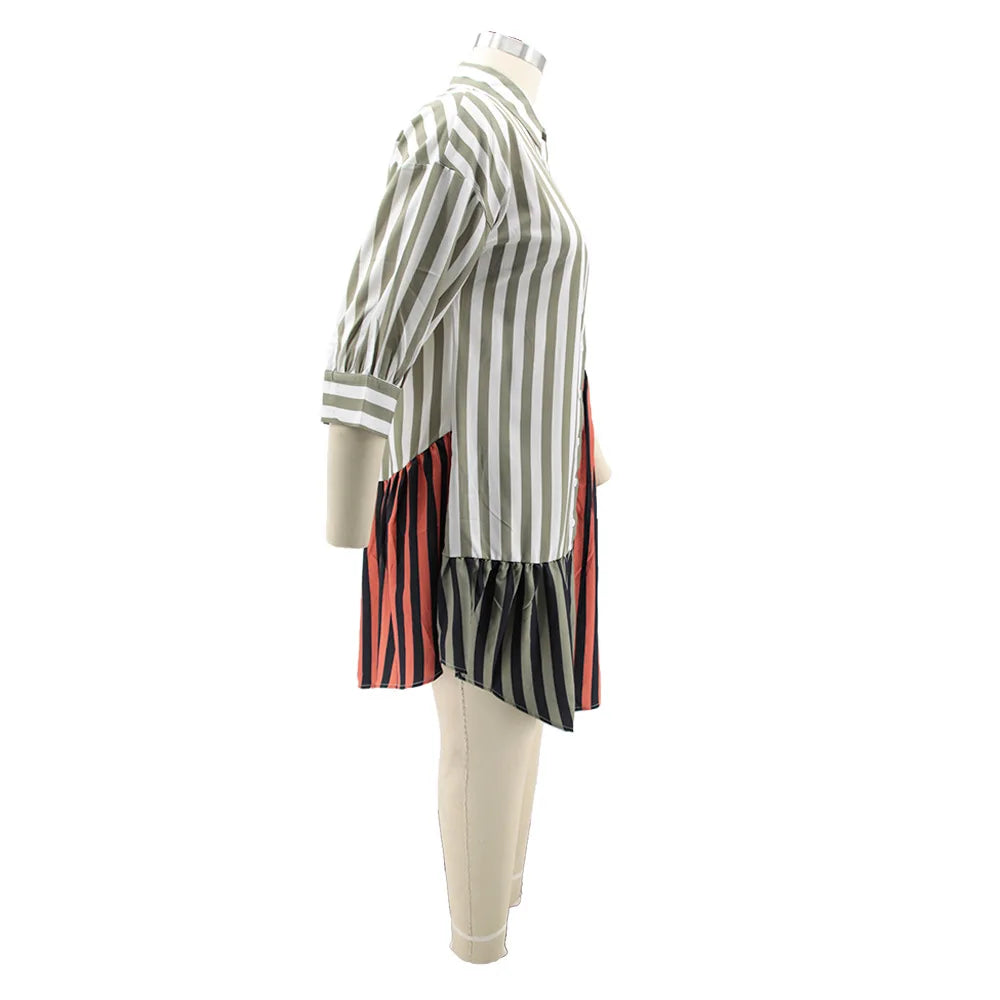 Streetwear Patchwork Striped Office Lady Shirts Midi Dresses