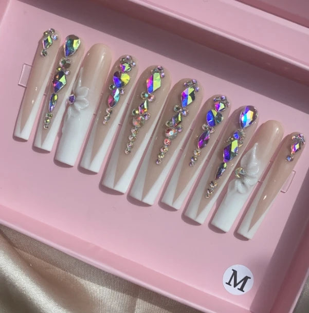 Exclusive Elegant French Design Private Label Short Matte Handmade Press Nails Fake Full Cover Rhinestone Acrylic Artificial