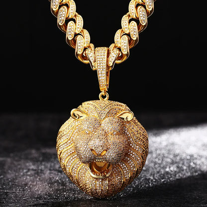 Prong Setting 3A+ CZ Stone Lion Pendants Necklace Jewelry (Gold Silver)
