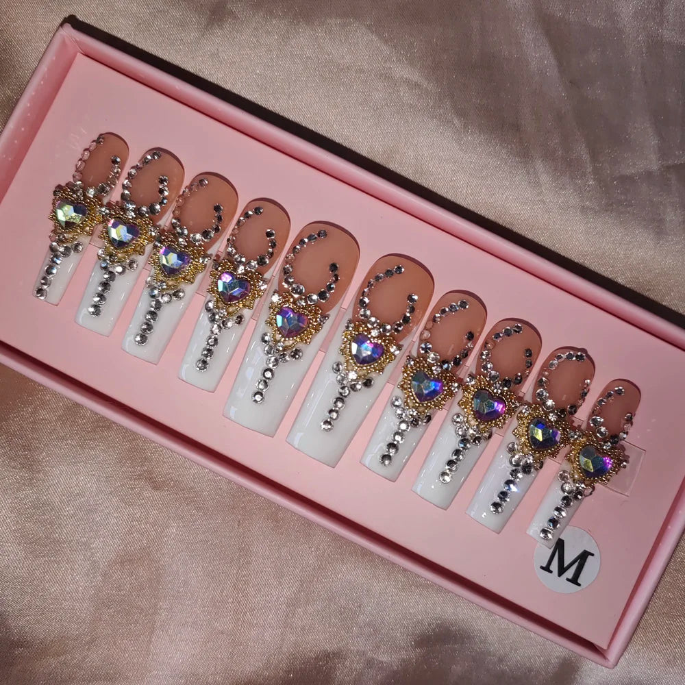 Wholesale Handmade Short Artificial Acrylic French Press Nails Luxury Coffin Style False Nail Tips Rhinestones for Fingers Salon