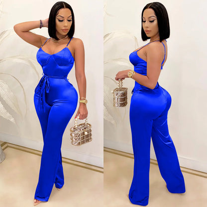 Spaghetti Strap Sleeve Straight Jumpsuits