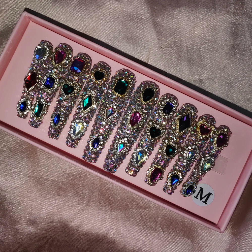 Wholesale Handmade Short Artificial Acrylic French Press Nails Luxury Coffin Style False Nail Tips Rhinestones for Fingers Salon