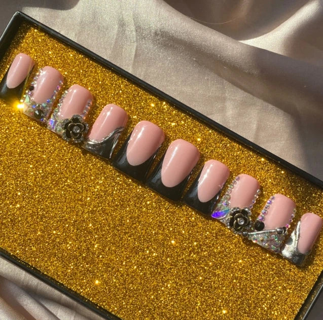 Exclusive Elegant French Design Private Label Short Matte Handmade Press Nails Fake Full Cover Rhinestone Acrylic Artificial