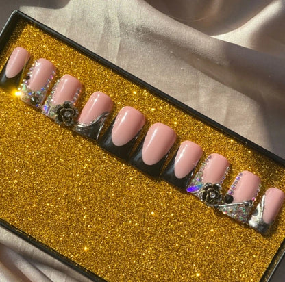 Exclusive Elegant French Design Private Label Short Matte Handmade Press Nails Fake Full Cover Rhinestone Acrylic Artificial