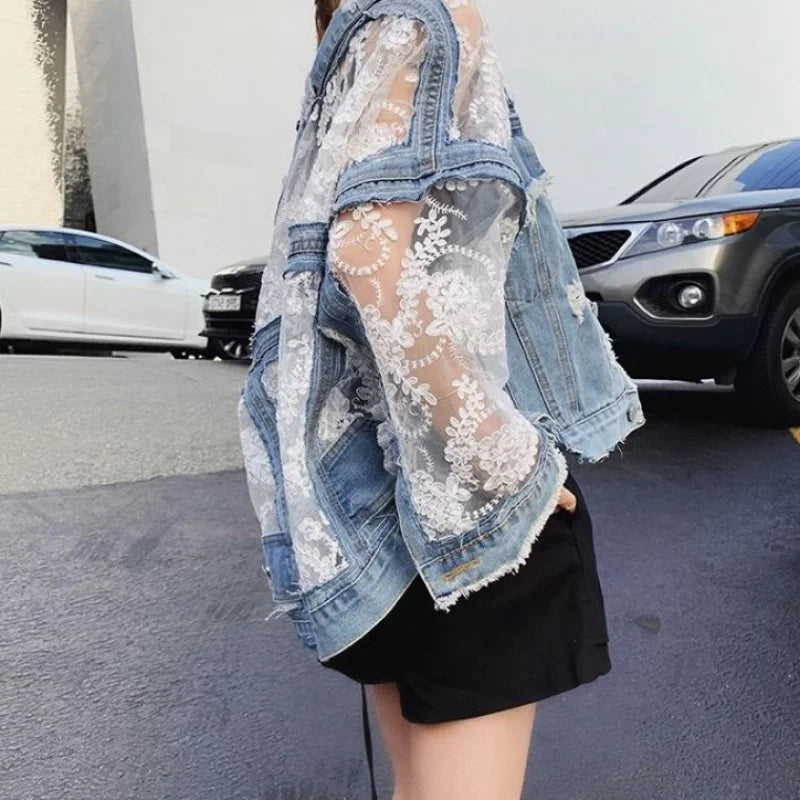 Pircilia Embroidery Lace Patchwork Denim Loose Jeans Coat