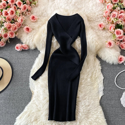 Chic Solid Color Slim Waist Sweater Knit Dresses