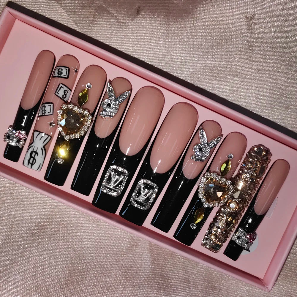 Wholesale Handmade Short Artificial Acrylic French Press Nails Luxury Coffin Style False Nail Tips Rhinestones for Fingers Salon