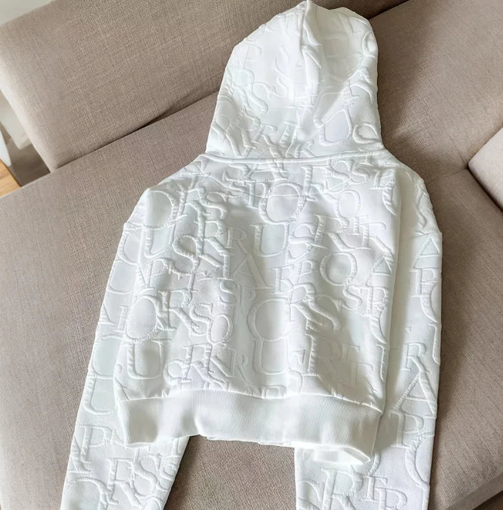 Letter Print Long Sleeve Hoodie with Zipper and Drawstring Short Sets