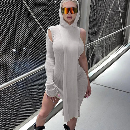Ribbed Hooded One Sleeve Knit Asymmetric Midi Dresses Baddie Clothes