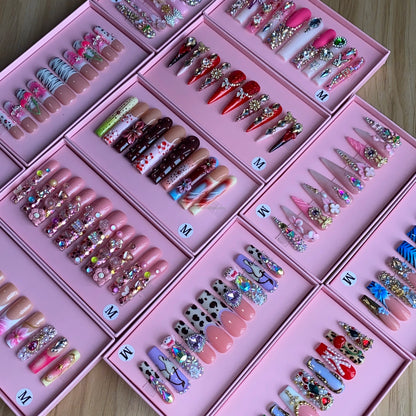 Wholesale Handmade Short Artificial Acrylic French Press Nails Luxury Coffin Style False Nail Tips Rhinestones for Fingers Salon
