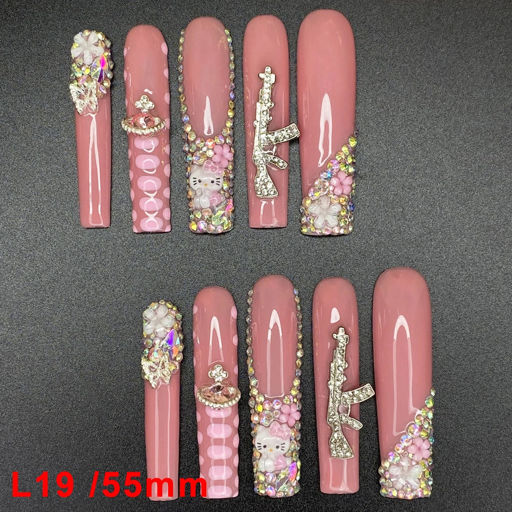 Wholesale Best Quality Durable Acrylic Handmade False Press on Nails 10PCS Luxury Long Ballerina Artificial Fingernail with Glue