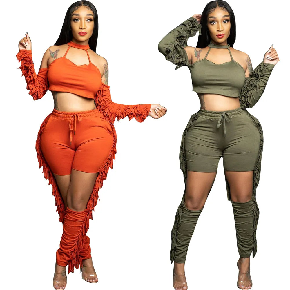 Fall Tassel Splicing Women's Set Draped Long Sleeve Crop Tops + Cut Out Pant Sets