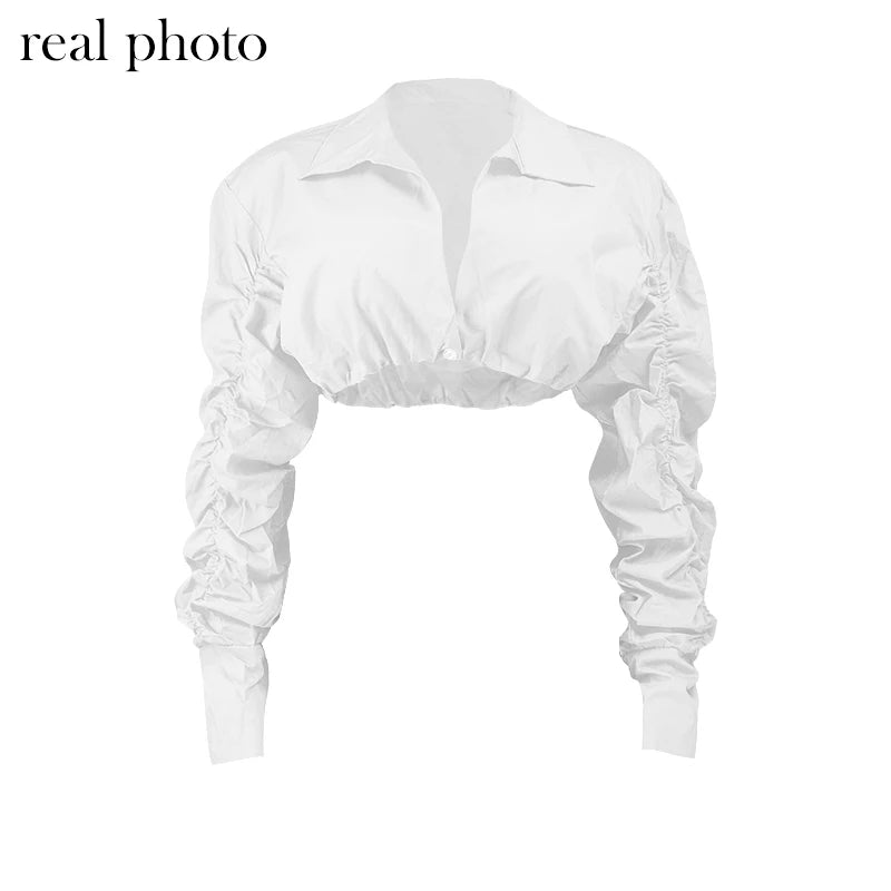 Kuala Button Ruched White Puff Sleeve Top (Baddie)