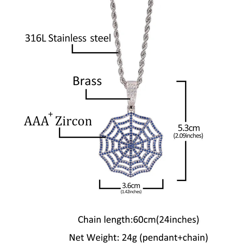 Claw Setting AAA+ CZ Stone Paved Bling Iced Out Spider Web Pendants Necklaces