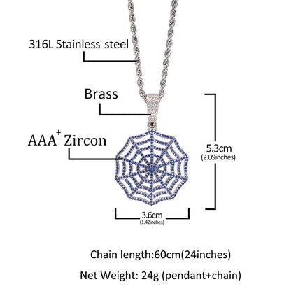 Claw Setting AAA+ CZ Stone Paved Bling Iced Out Spider Web Pendants Necklaces