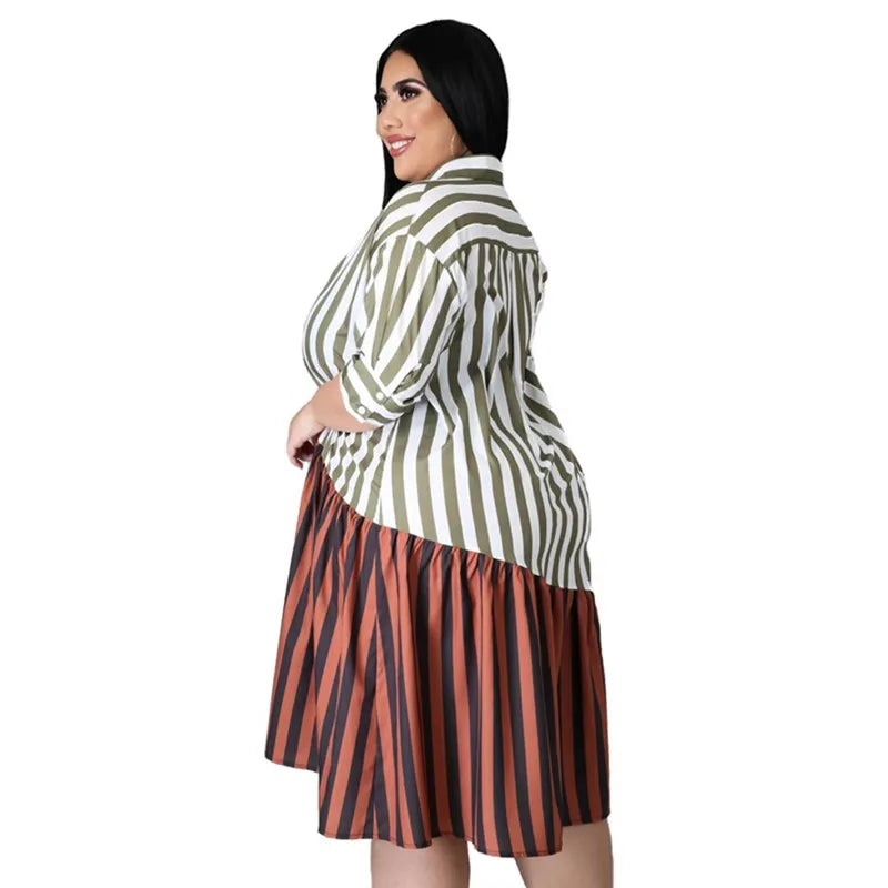 Streetwear Patchwork Striped Office Lady Shirts Midi Dresses