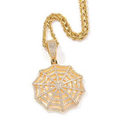 Claw Setting AAA+ CZ Stone Paved Bling Iced Out Spider Web Pendants Necklaces