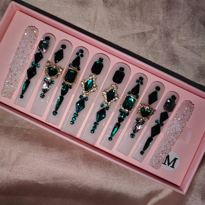 Wholesale Handmade Short Artificial Acrylic French Press Nails Luxury Coffin Style False Nail Tips Rhinestones for Fingers Salon