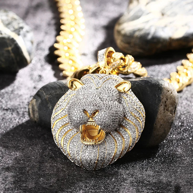 Prong Setting 3A+ CZ Stone Lion Pendants Necklace Jewelry (Gold Silver)