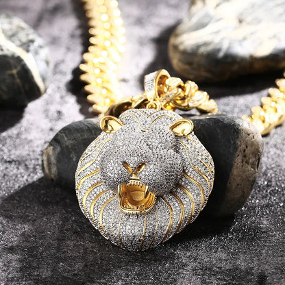 Prong Setting 3A+ CZ Stone Lion Pendants Necklace Jewelry (Gold Silver)